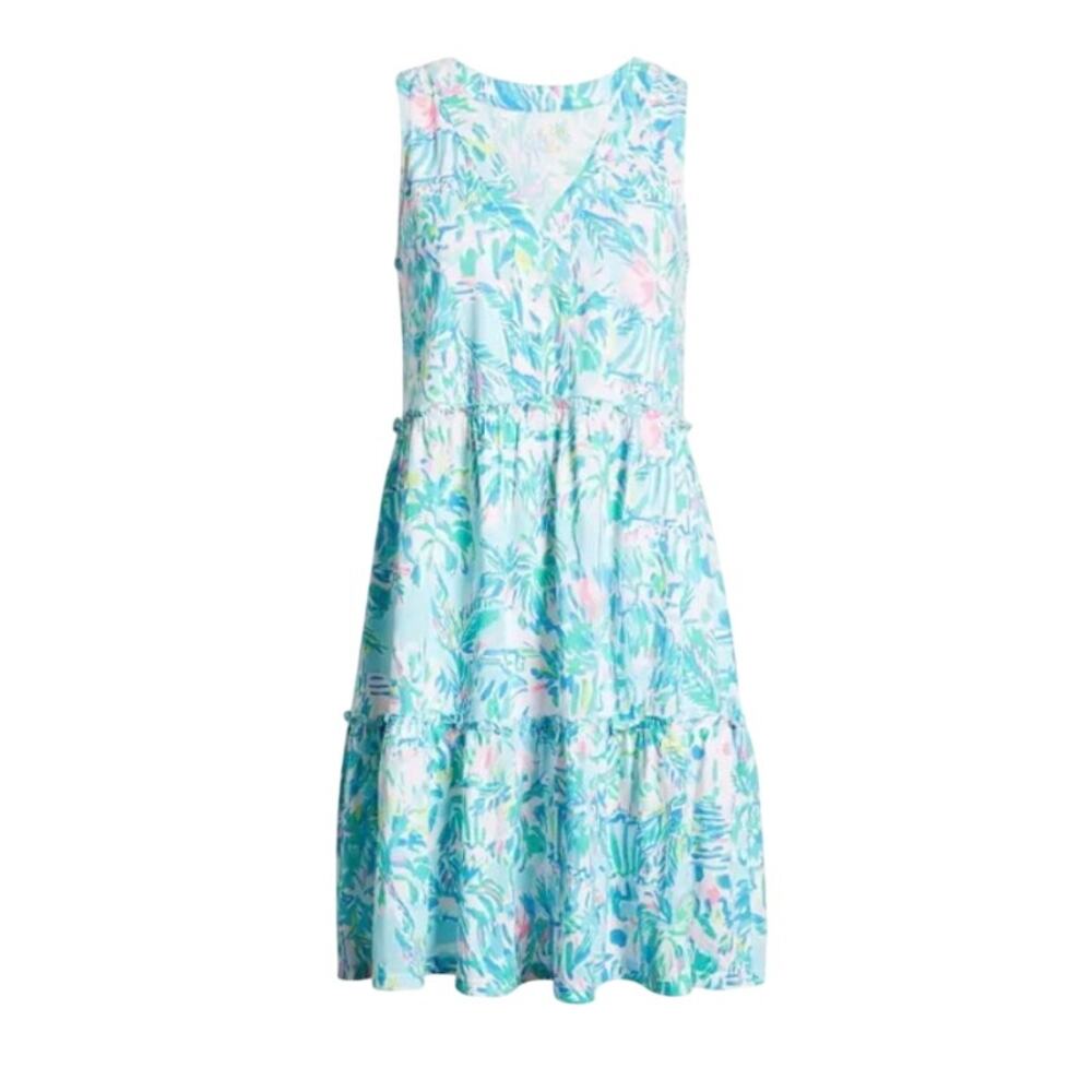 Lilly Pulitzer Blue green Large Lorian Sleeveless Ruffle Dress vacation resort